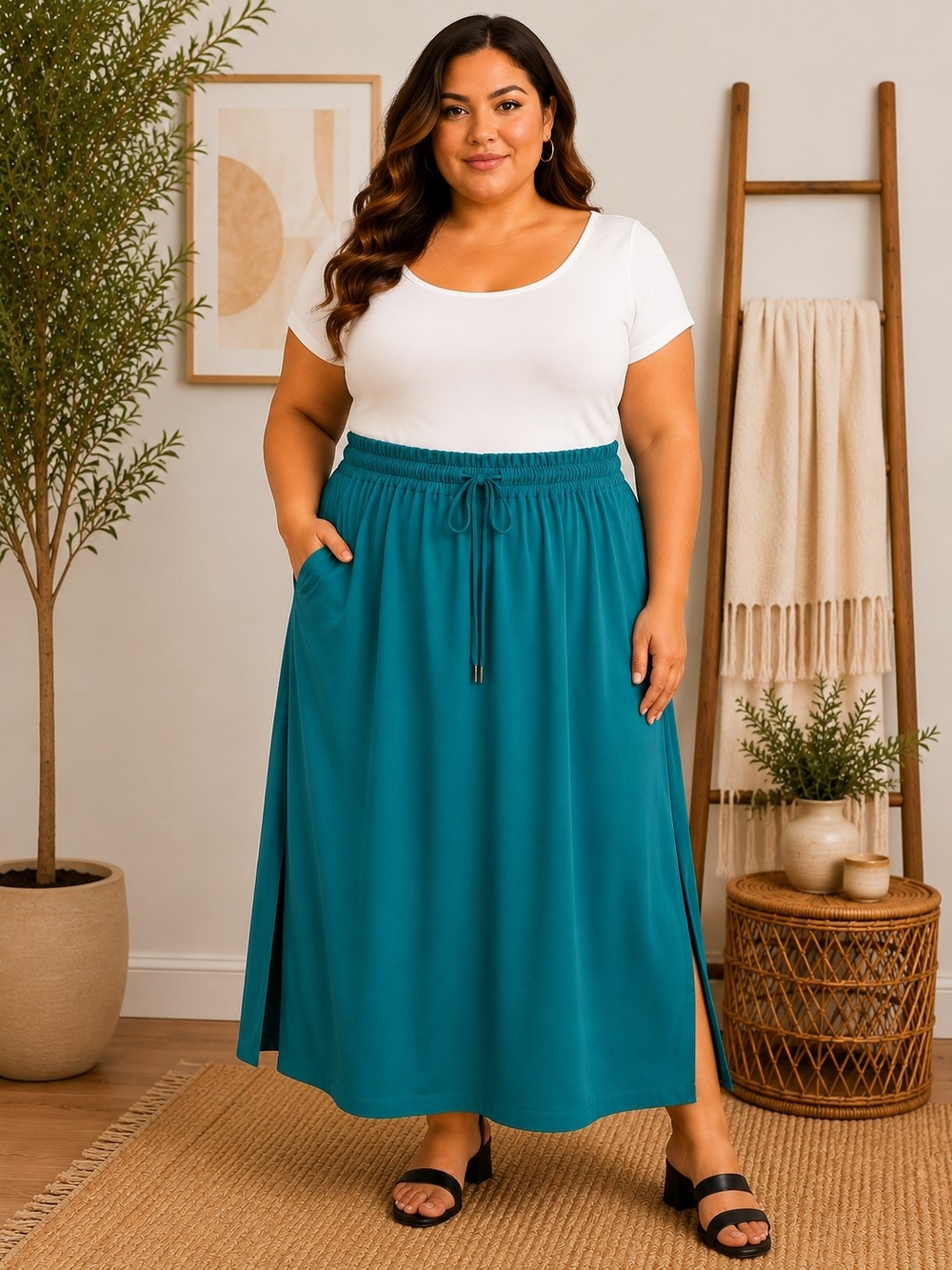 Woman Within Teal Plus Size Drawstring Maxi Skirt